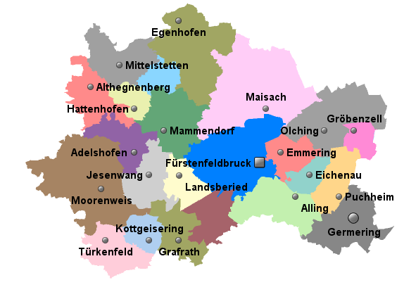 Landkarte des Servicegebiets im Landkreis Fürstenfeldbruck, inkl. umliegender Städte